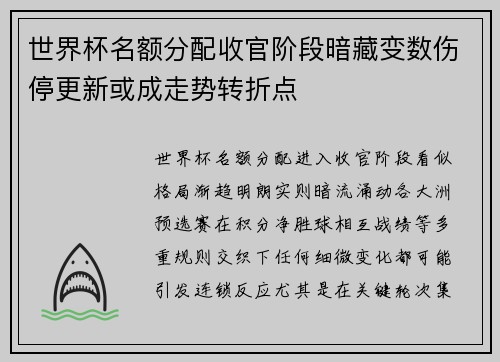 世界杯名额分配收官阶段暗藏变数伤停更新或成走势转折点 世界杯名额分配收官阶段暗藏变数伤停更新或成走势转折点