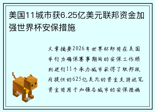 美国11城市获6.25亿美元联邦资金加强世界杯安保措施 美国11城市获6.25亿美元联邦资金加强世界杯安保措施